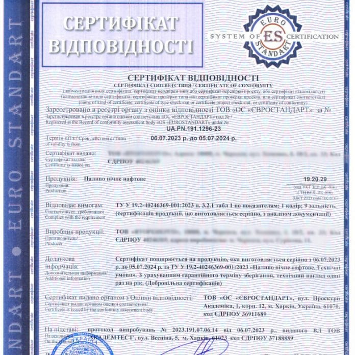 Сертифікат відповідності на пічне паливо нафтове